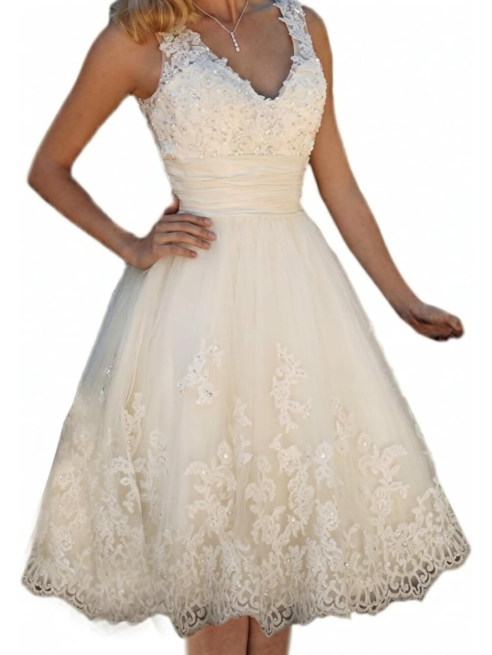 Ivory V Neck Short Lace Wedding Reception Homecoming Party Dress Sz 2